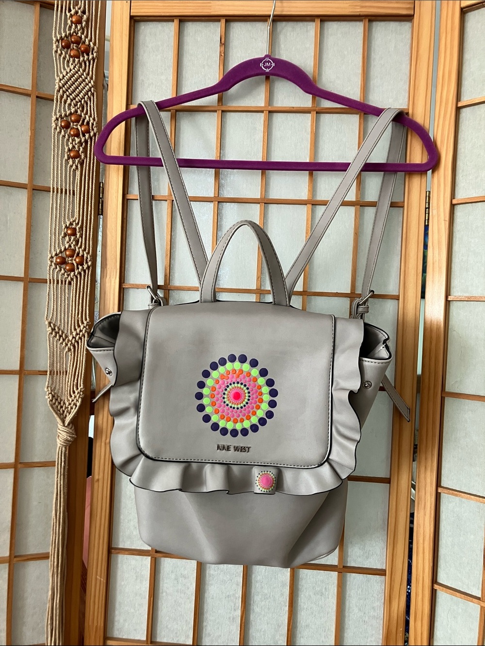 EUC Nine West Light Gray Backpack with Multicolor Dot Medallion 12x10x5